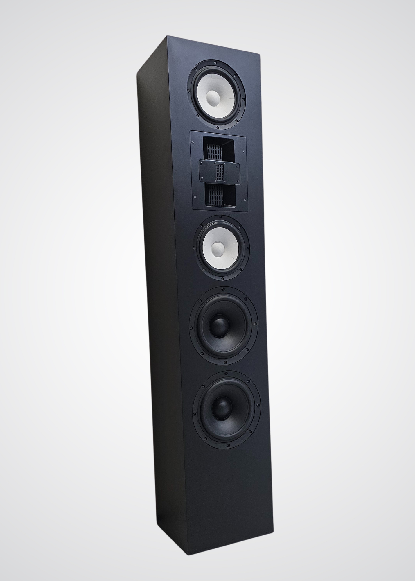 A black in-wall speaker system with multiple drivers.